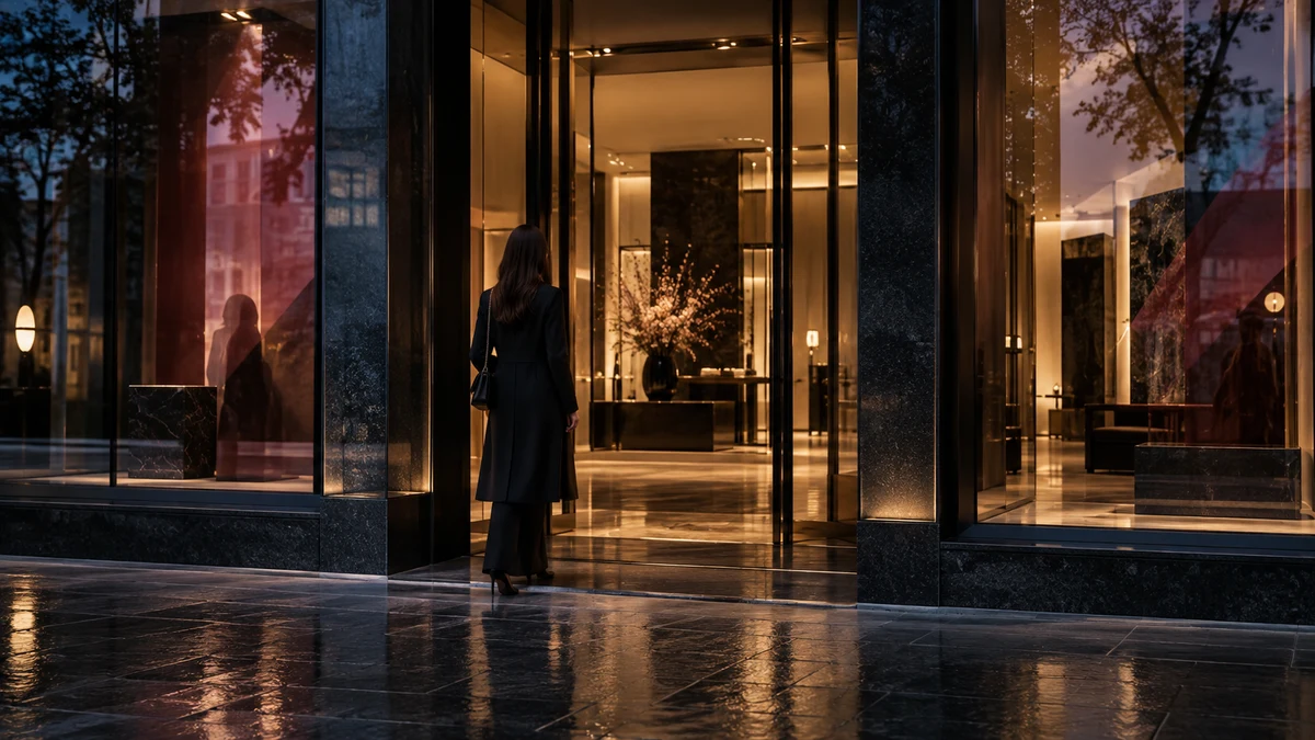 Un client s’approche d’une boutique de luxe illuminée à l’heure bleue.