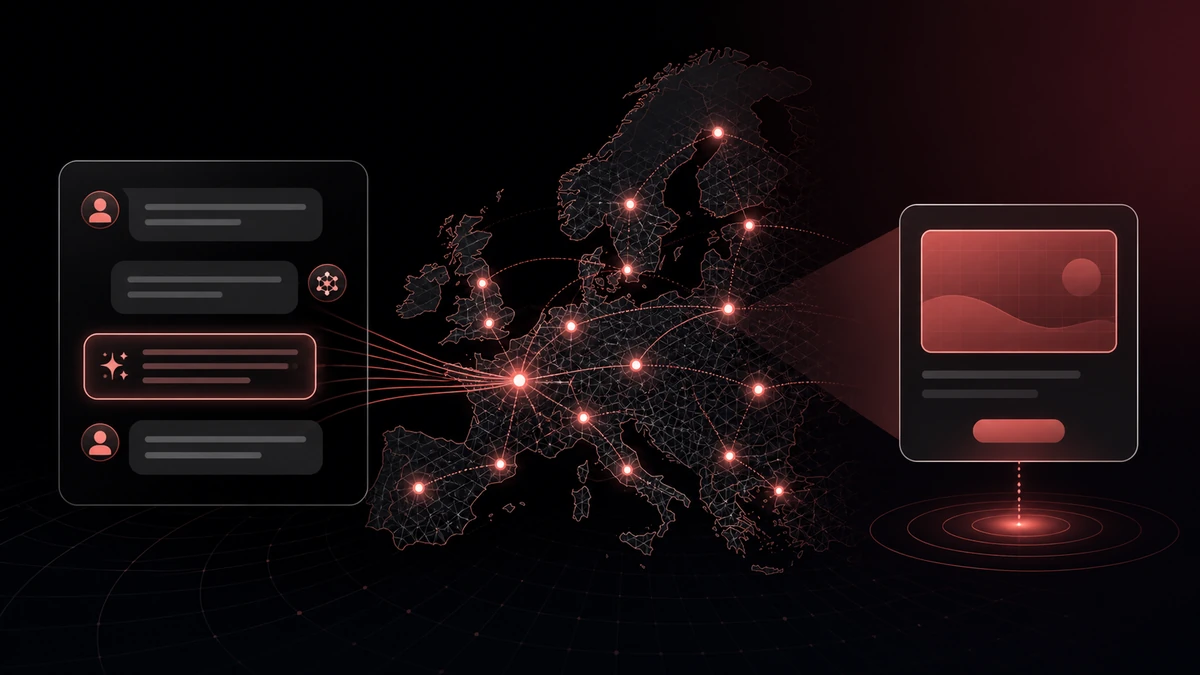 Abstract map of Europe with glowing market connections between an AI conversation panel and a separate advertising placement card.