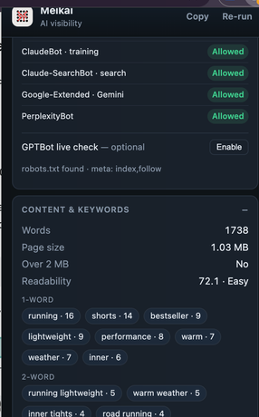 AI access panel listing crawlers as allowed, the optional GPTBot live check with an Enable button, and the Content and keywords panel.